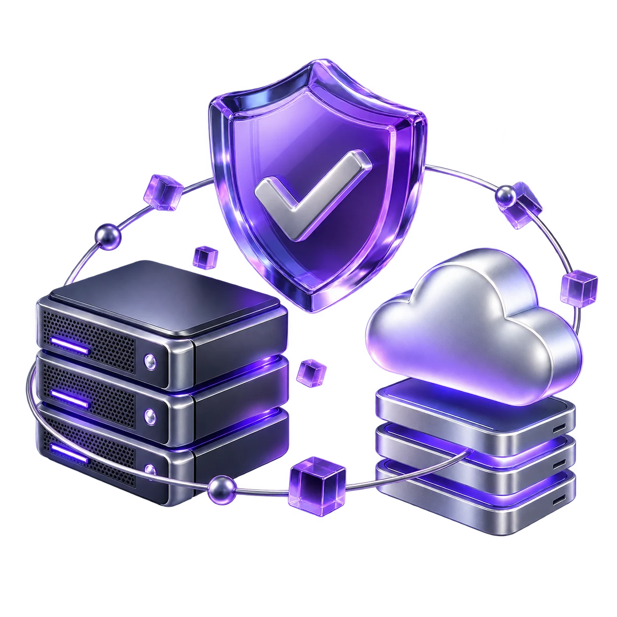 Connected server, security shield and cloud representing managed IT, cybersecurity and backup
