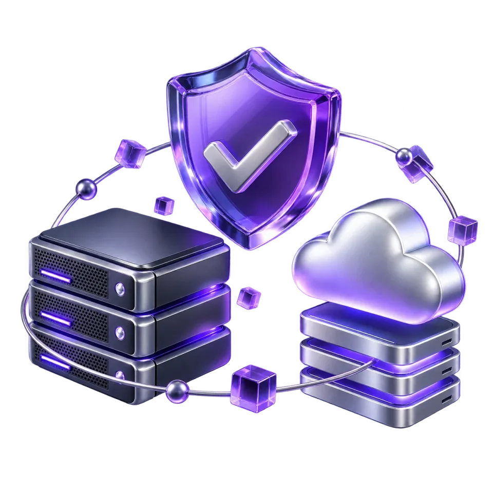 Connected server, security shield and cloud representing managed IT, cybersecurity and backup